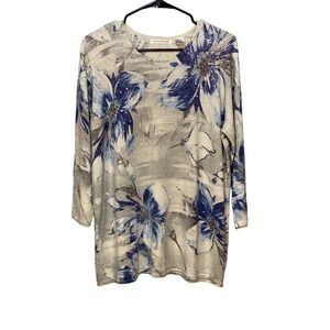 Hastings & Smith Women's Floral Rhinestone Embellished Silver Top XL‎